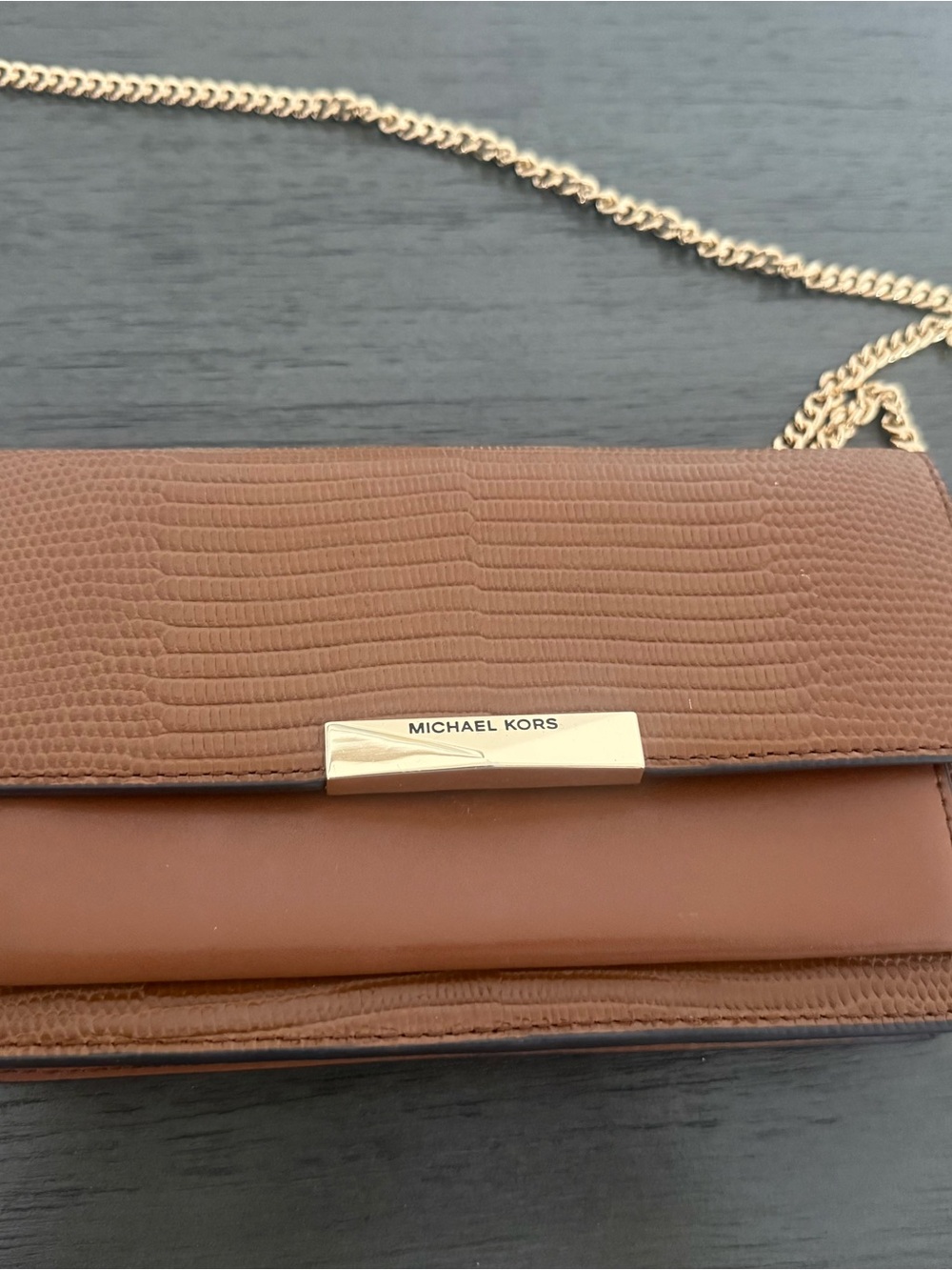 Michael Kors Brown Leather Crossbody with Gold Chain